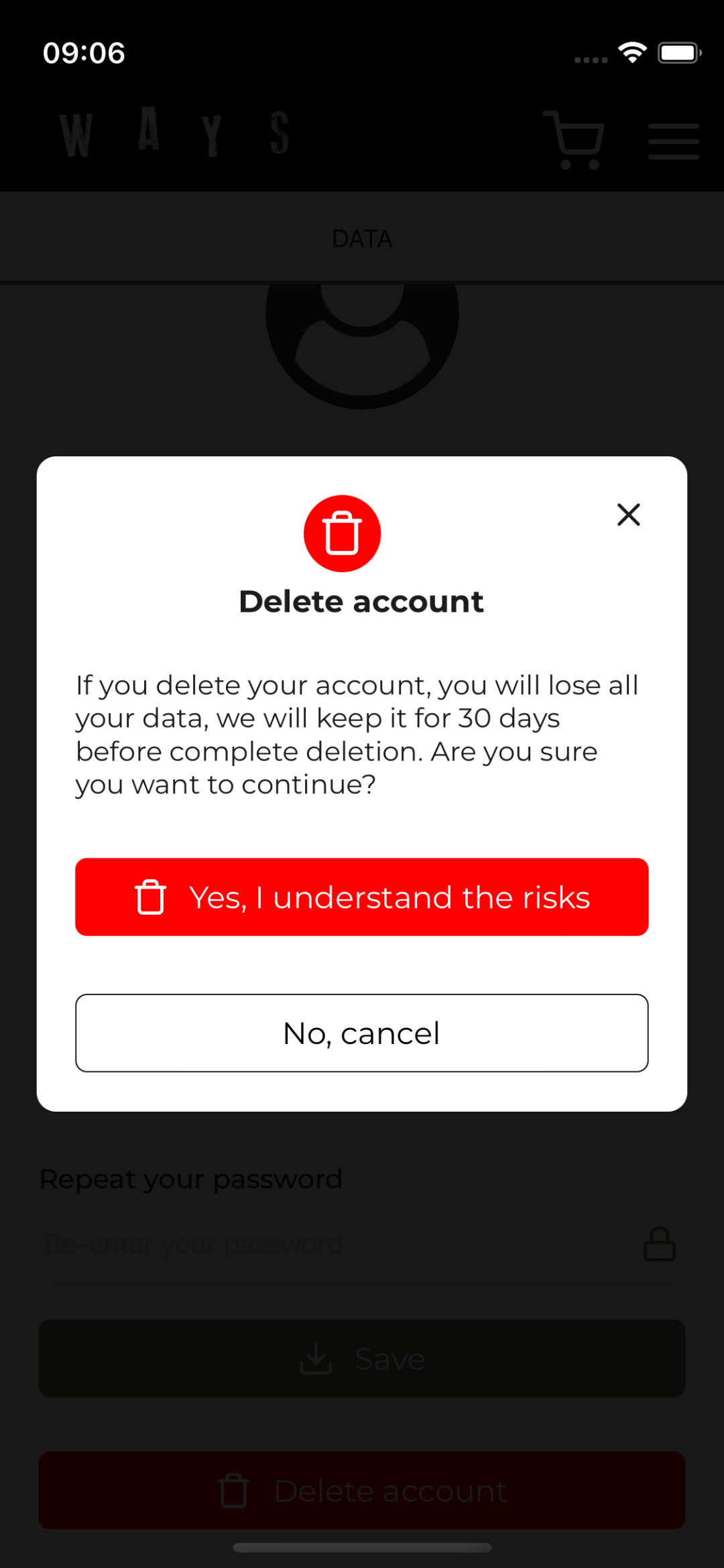 Delete account - Step 2